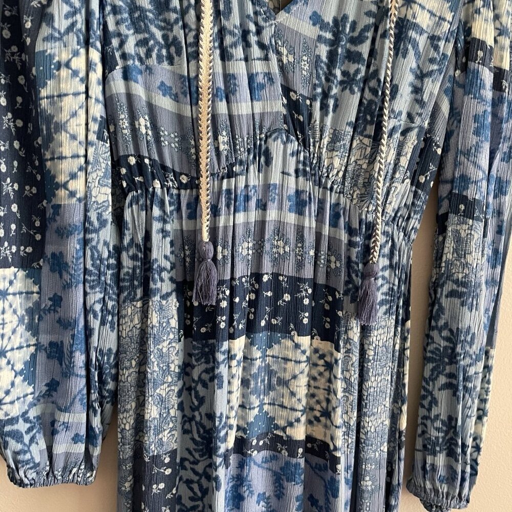 Frye Women XS Blue Chambray Patchwork Boho Western Long Sleeve Midi Dress NWT - Picture 4 of 15